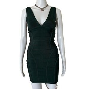 HOUSE OF CB Jenna V Neck Dark Green Body Con fitted tight Mini Dress XS